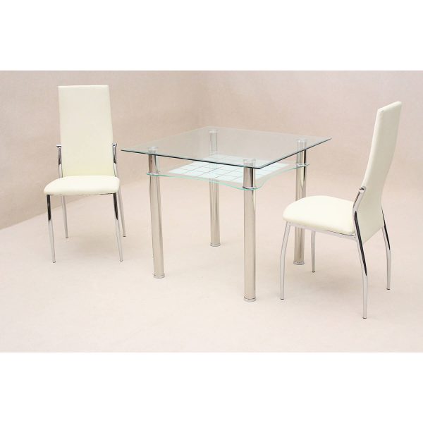 Jazo Clear Dining Table with 2 Lazio Chairs Cream