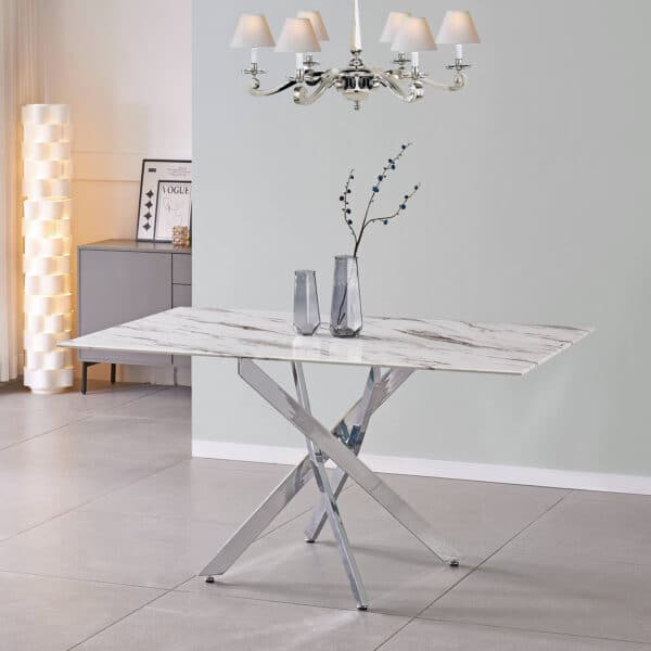 Scimitar Marble Effect Glass Dining Table with Silver Legs